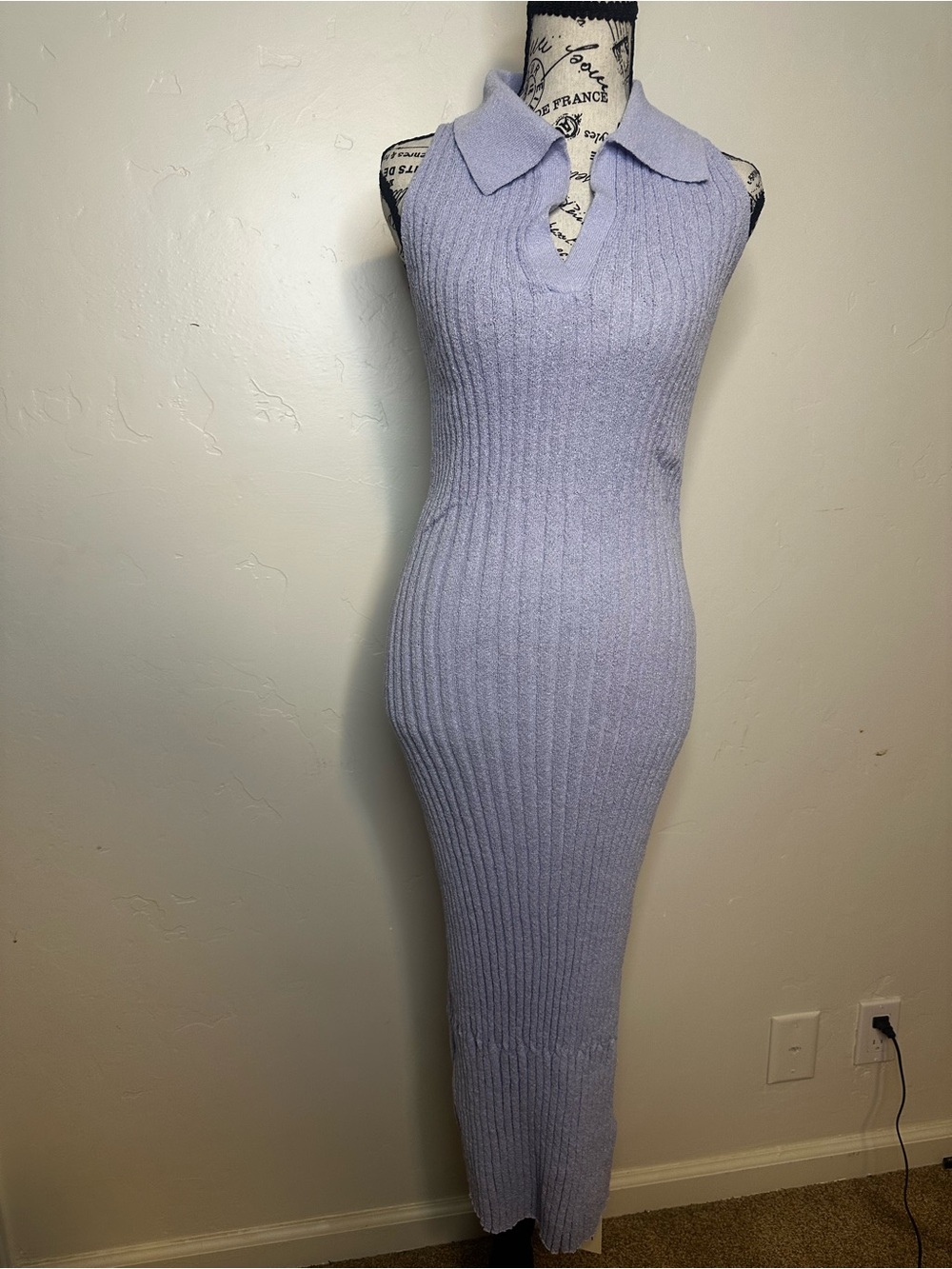 Commense Lavender Ribbed Sleeveless Collared Maxi Dress